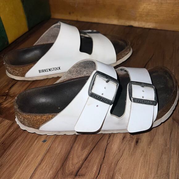 Birkenstock Arizona White Buckle Leather Sandals Size 7 - Picture 1 of 14